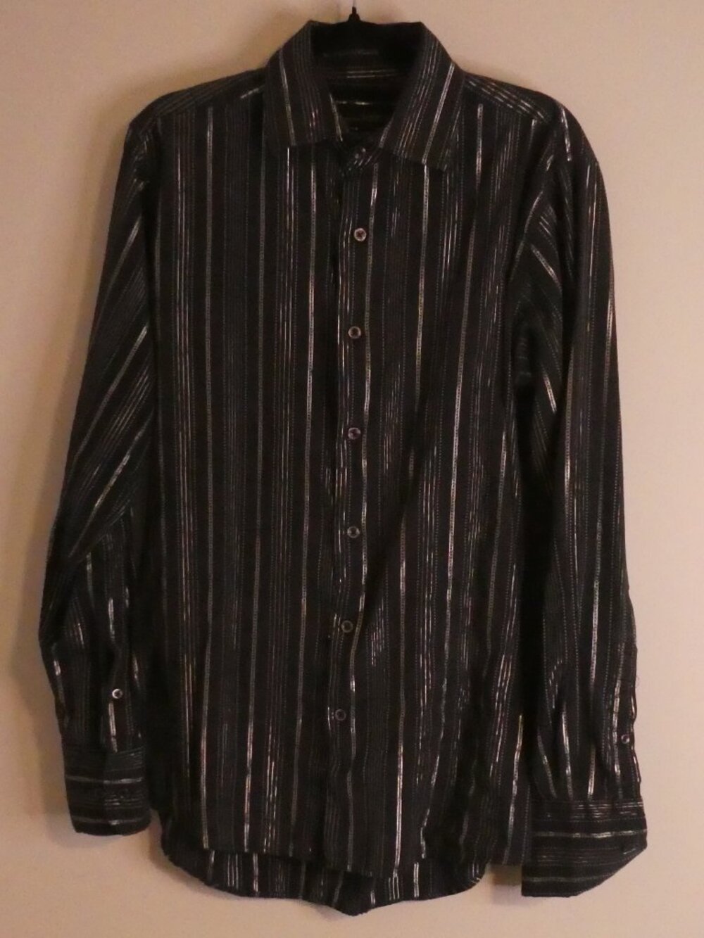 VROOM & DREESMANN Black and Silver Metallic Striped Dress Shirt - medium